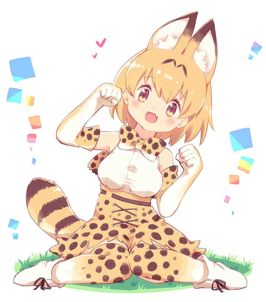 :d animal_ears ankle_boots ayakashi_(monkeypanch) bangs belt black_ribbon blonde_hair blush boots bow bowtie breasts cross-laced_clothes dress elbow_gloves eyebrows_visible_through_hair fang full_body gloves grass heart high-waist_skirt highres kemono_friends looking_at_viewer medium_breasts miniskirt open_mouth paw_pose print_bow print_dress print_legwear ribbon serval_(kemono_friends) serval_ears serval_print serval_tail shiny shiny_hair shirt short_hair skirt sleeveless smile solo tail thighhighs white_background white_footwear white_shirt yellow_bow yellow_eyes yellow_legwear yellow_neckwear yellow_skirt