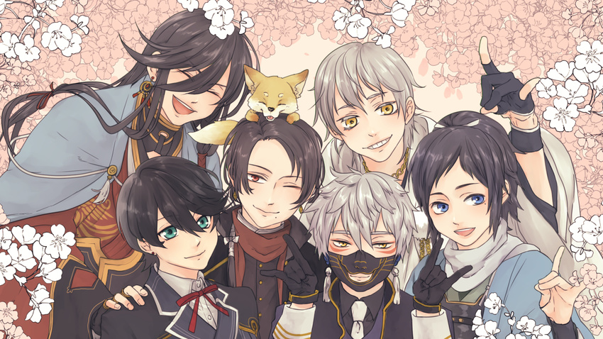 ^_^ animal animal_on_head aqua_eyes armor black_gloves black_hair blue_eyes brown_hair cherry_blossoms closed_eyes earrings eclairant fox fox_shadow_puppet gloves grin hand_on_another's_shoulder horikawa_kunihiro izumi-no-kami_kanesada japanese_armor japanese_clothes jewelry kashuu_kiyomitsu male_focus menpoo mole mole_under_eye mole_under_mouth multiple_boys nakigitsune nakigitsune's_fox necktie on_head one_eye_closed open_mouth partly_fingerless_gloves ponytail red_eyes scarf smile stud_earrings touken_ranbu tsurumaru_kuninaga white_hair yamato-no-kami_yasusada yellow_eyes