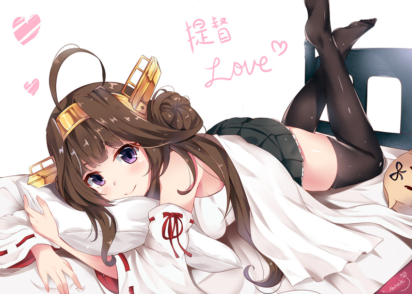 ahoge bare_shoulders bed black_legwear boots brown_hair detached_sleeves double_bun hairband highres japanese_clothes kantai_collection kongou_(kantai_collection) long_hair looking_at_viewer lying nahaki nontraditional_miko on_stomach pillow purple_eyes remodel_(kantai_collection) ribbon-trimmed_sleeves ribbon_trim solo the_yuudachi-like_creature thigh_boots thighhighs translated