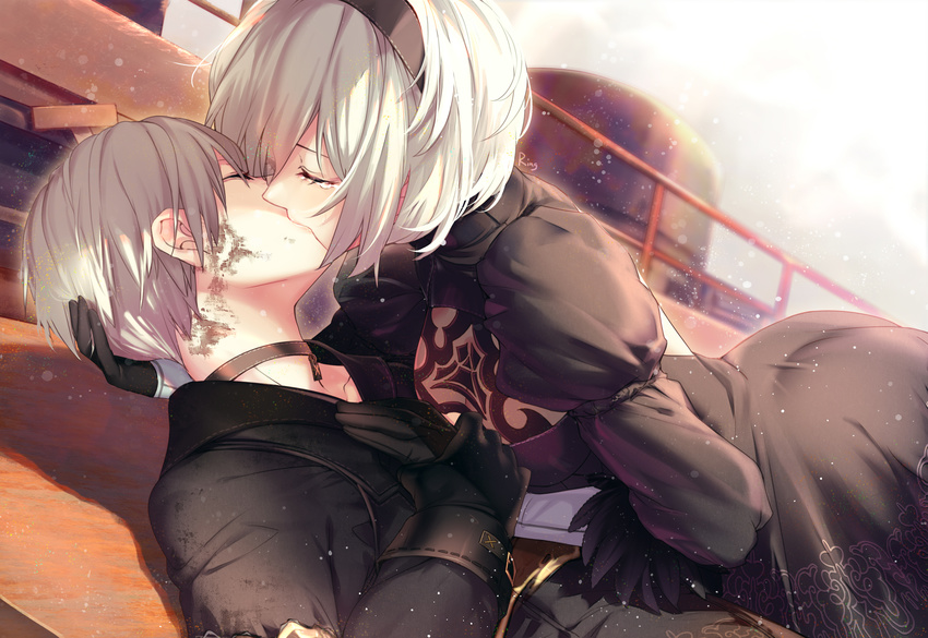 1girl aki663 black_dress black_gloves blurry breasts center_opening cleavage_cutout closed_eyes couple crying depth_of_field dress dutch_angle french_kiss gloves hairband hetero highres holding_hands juliet_sleeves kiss large_breasts long_sleeves nier_(series) nier_automata no_blindfold puffy_sleeves scrape shadow short_hair tears white_hair yorha_no._2_type_b yorha_no._9_type_s