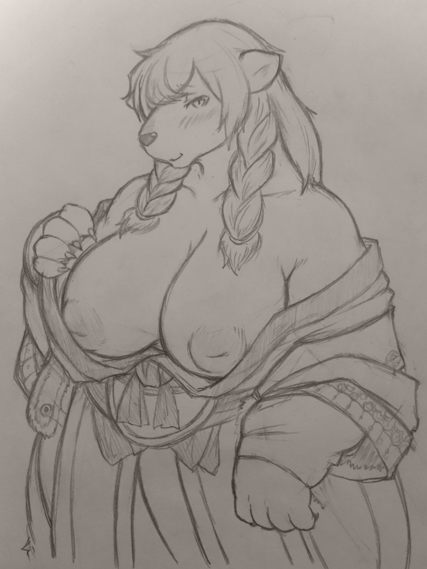 340m anthro bamuba bare_shoulders bear big_breasts blush breasts claws clothed clothing female huge_breasts inverted_nipples mammal monochrome nipples pencil_(artwork) polar_bear presenting presenting_breasts solo traditional_media_(artwork) wander_crown