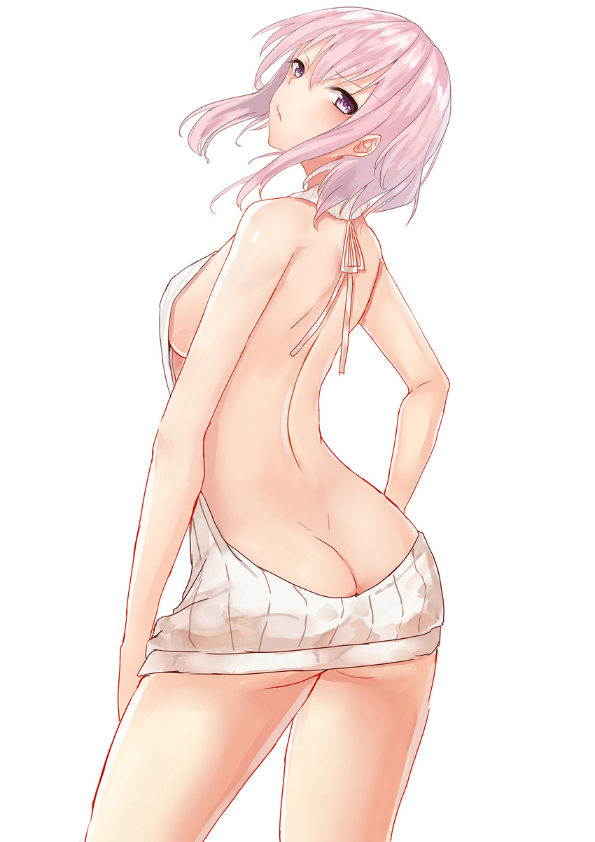 alternate_hairstyle arched_back ass backless_dress backless_outfit bangs bare_back bare_shoulders breasts butt_crack closed_mouth dimples_of_venus drawstring dress eyebrows_visible_through_hair fate/grand_order fate_(series) from_behind hair_between_eyes halterneck highres large_breasts lavender_hair looking_at_viewer looking_back mash_kyrielight meme_attire naked_sweater pink_hair purple_eyes pursed_lips ribbed_sweater short_hair_with_long_locks sideboob sidelocks simple_background solo sweater sweater_dress thighs turtleneck turtleneck_sweater virgin_killer_sweater wenhe white_background white_sweater