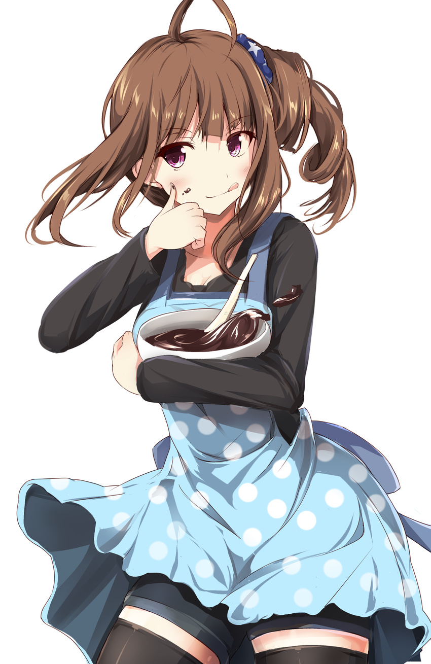 :q ahoge apron bangs black_blouse black_legwear blouse blush bowl brown_hair chocolate cowboy_shot eyebrows_visible_through_hair food food_on_face hair_ornament hair_scrunchie highres holding holding_bowl idolmaster idolmaster_million_live! legs_apart long_hair long_sleeves looking_to_the_side mixing_bowl open_mouth polka_dot polka_dot_apron ro_risu scrunchie shorts side_ponytail simple_background solo thighhighs tongue tongue_out valentine white_background yokoyama_nao