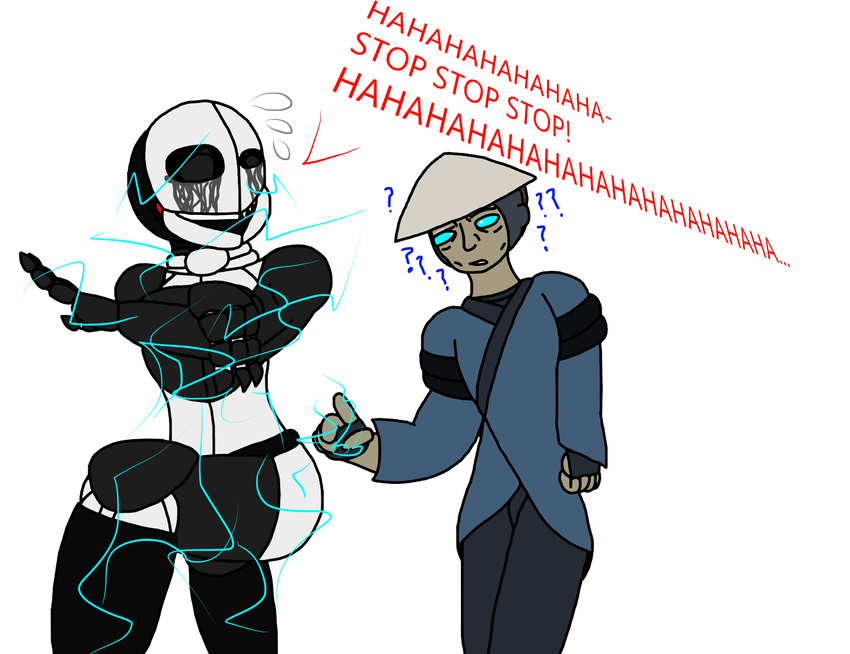 ambiguous_gender animatronic confusion crossover deity duo electricity electrocuted ennard_(fnafsl) five_nights_at_freddy's human humor laugh machine male mammal not_furry raiden_(mortal_kombat) robot sister_location stevehooves37_(artist) tears tickling video_games