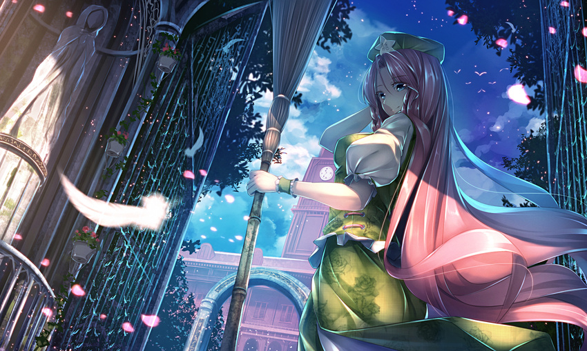 bamboo_broom bird broom chinese_clothes clock clock_tower cloud cloudy_sky commentary day feathers flower gate hat hong_meiling long_hair looking_at_viewer outdoors petals red_hair revision ryosios scarlet_devil_mansion sky solo statue touhou tower tree very_long_hair