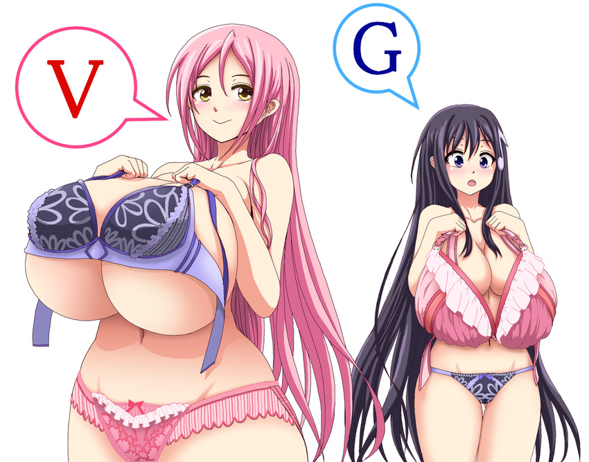 2girls aizawa_momoka big_breasts black_hair blush bra breast_envy breasts btk cleavage curvy female gigantic_breasts honoo_no_haramase_paidol_my_star_gakuen_z hoshizaki_amane large_breasts long_hair looking_at_viewer multiple_girls navel open_mouth panties pink_hair purple_eyes smile squeez thick_thighs underwear wide_hips yellow_eyes