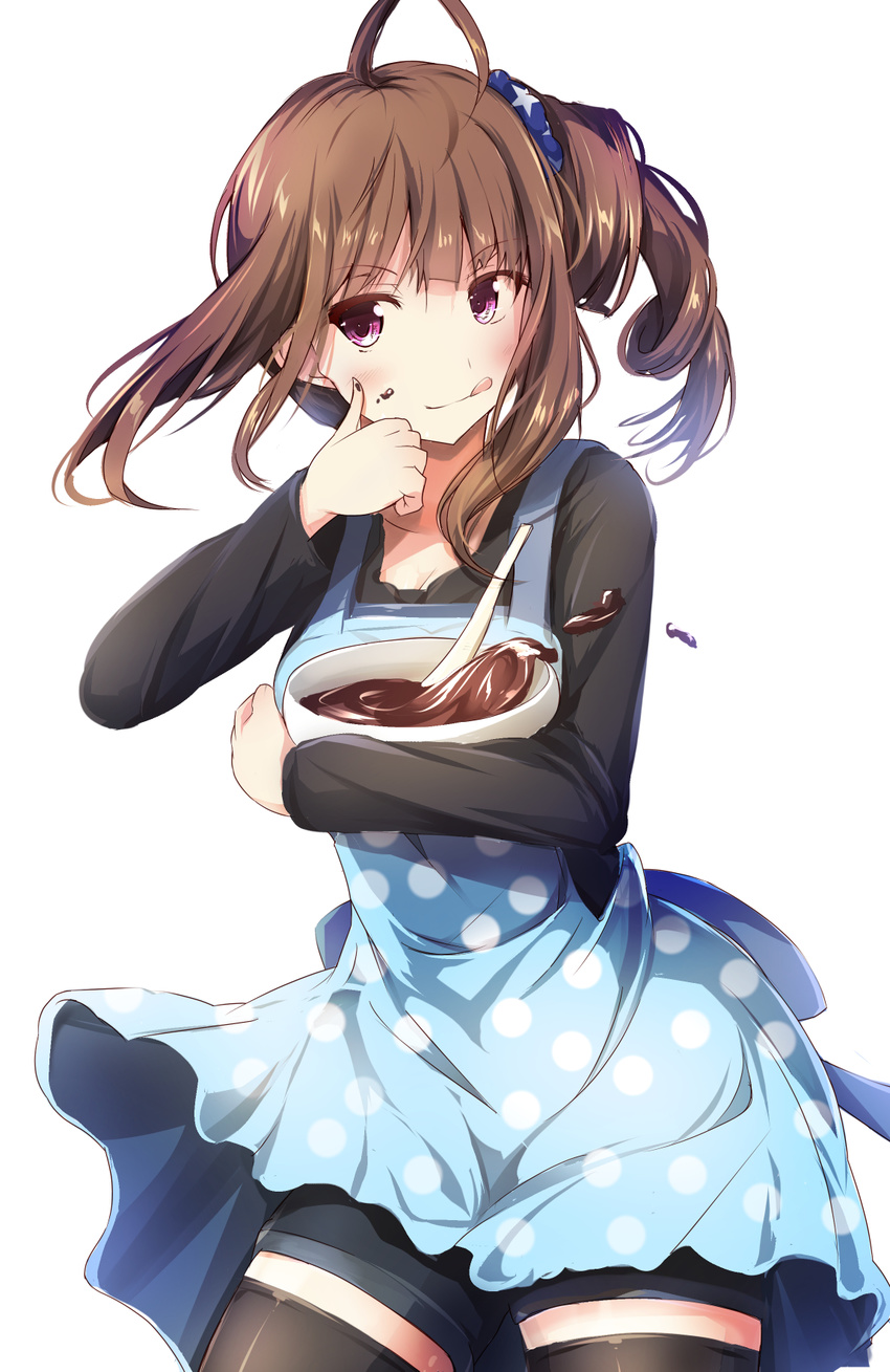 :q ahoge apron bangs black_blouse black_legwear blouse blush bowl brown_hair chocolate commentary_request cowboy_shot eyebrows_visible_through_hair food food_on_face hair_ornament hair_scrunchie highres holding holding_bowl idolmaster idolmaster_million_live! legs_apart long_hair long_sleeves looking_to_the_side mixing_bowl open_mouth polka_dot polka_dot_apron ro_risu scrunchie shorts side_ponytail simple_background solo thighhighs tongue tongue_out valentine white_background yokoyama_nao