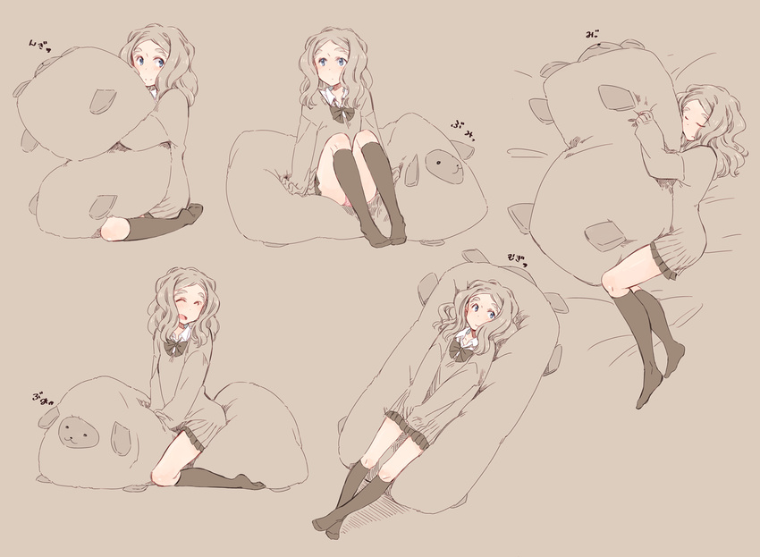 blue_eyes blush brown_hair chibikko_(morihito) eyebrows full_body heart long_hair morihito original pillow school_uniform sketch skirt solo sweater thick_eyebrows uniform