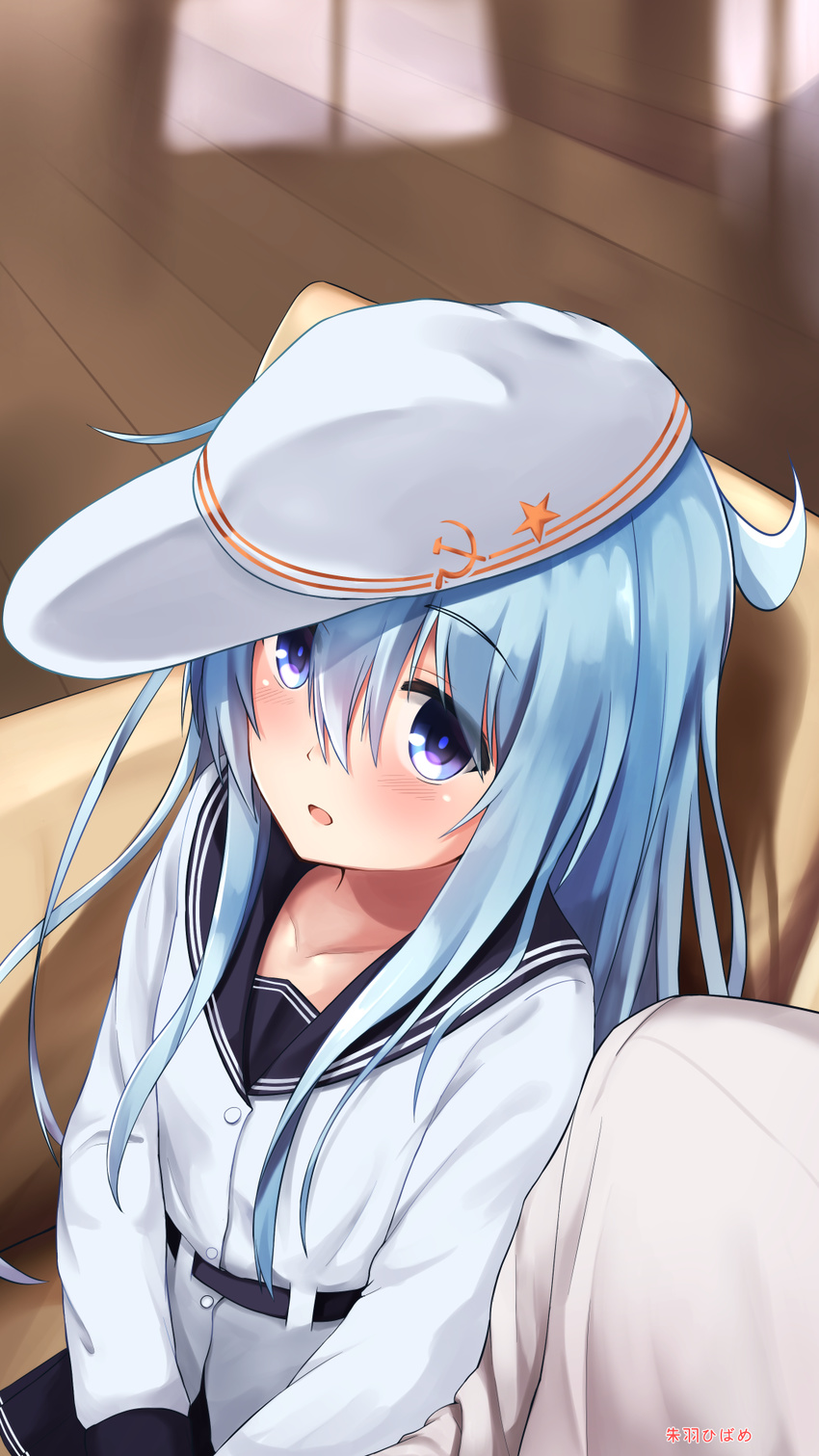 1girl admiral_(kantai_collection) akabane_hibame bangs blue_eyes blue_hair blush collarbone commentary_request couch eyebrows_visible_through_hair flat_cap hair_between_eyes hammer_and_sickle hat hibiki_(kantai_collection) highres indoors kantai_collection long_hair on_couch parted_lips school_uniform serafuku side-by-side sitting smile solo_focus star verniy_(kantai_collection) wooden_floor