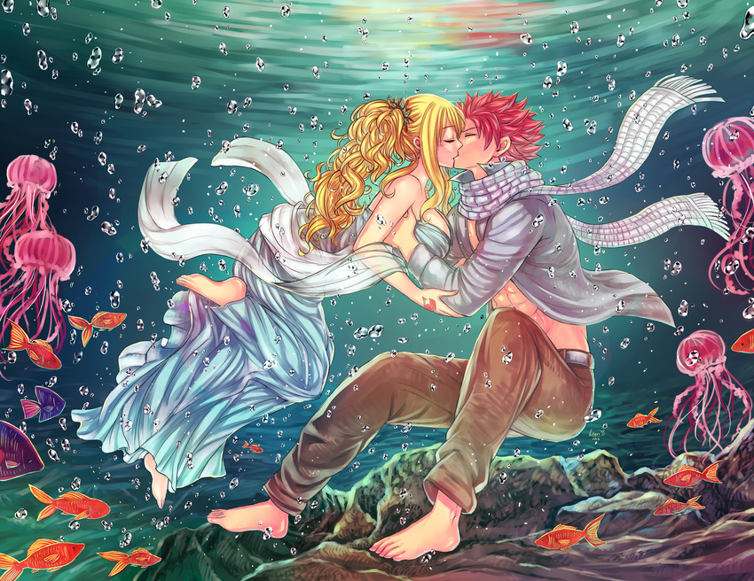 1girl barefoot blonde_hair breasts bubble closed_eyes couple dress fairy_tail grey_jacket hetero highres jacket kiss large_breasts leonstar long_hair lucy_heartfilia natsu_dragneel open_clothes open_jacket pink_hair scarf sideboob spiked_hair tattoo underwater white_scarf