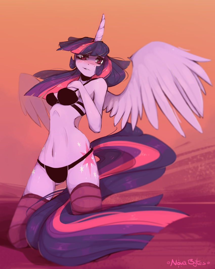 anthro blush bra breasts clothing cutie_mark equine eyelashes feathered_wings feathers female friendship_is_magic fur hair horn mammal multicolored_hair multicolored_tail my_little_pony novabytes purple_eyes purple_fur solo twilight_sparkle_(mlp) two_tone_hair underwear winged_unicorn wings