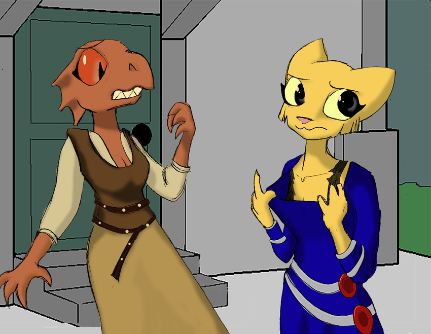 anthro argonian blue_dragon bra claws clothing duo fanfiction feline female female/female fur katia_managan kazerad khajiit mammal oblivion orange_sclera pendant prequel quill-weave red_scales reptile scales scalie the_elder_scrolls underwear video_games webcomic yellow_fur