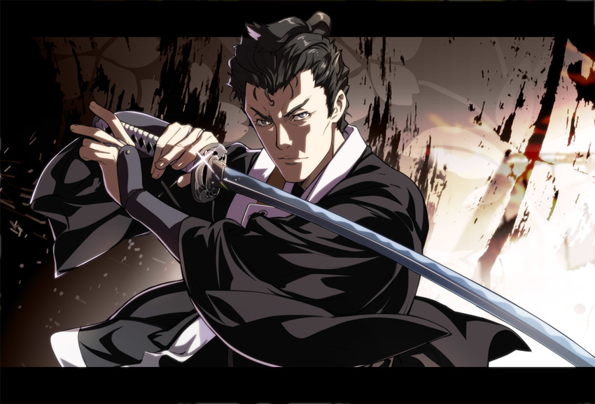 black_hair hasegawa_heizou holding holding_weapon japanese_clothes katana letterboxed looking_at_viewer male_focus nyoro_(nyoronyoro000) official_style onihei solo sword weapon