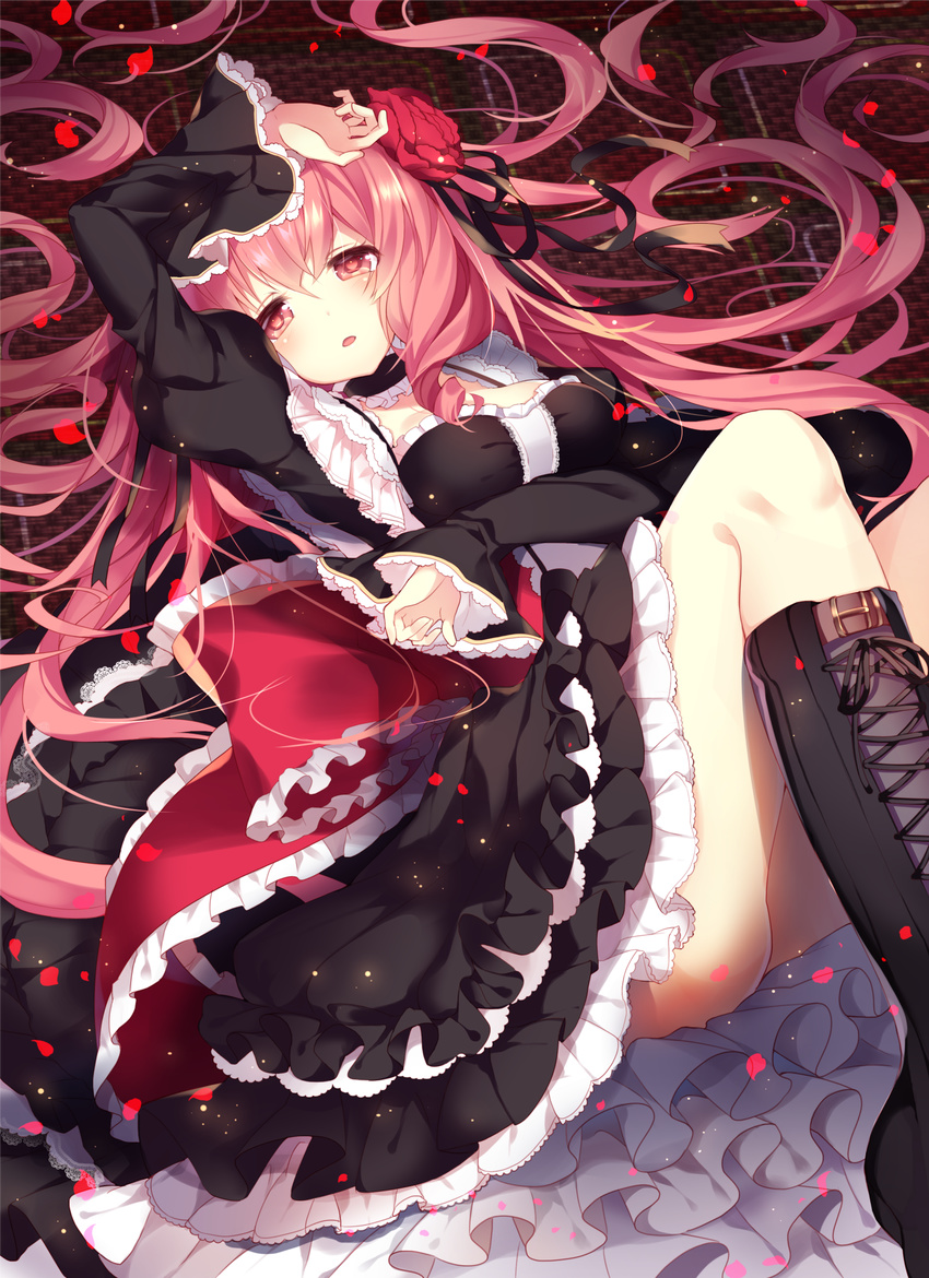 bad_id bad_pixiv_id bangs black_dress black_footwear blush boots breasts choker commentary_request cross-laced_footwear dress flower frilled_choker frilled_sleeves frills hair_flower hair_ornament hair_ribbon highres homaderi juliet_sleeves lace-up_boots layered_dress long_hair long_sleeves lying medium_breasts on_back parted_lips pink_hair puffy_sleeves rasis ribbon solo sound_voltex very_long_hair wide_sleeves