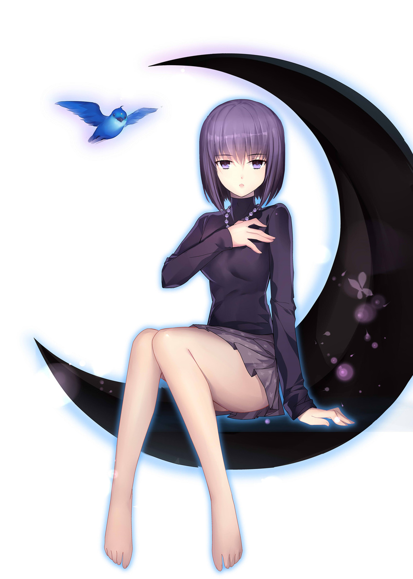 arm_support bangs barefoot bead_necklace beads bird black_shirt black_skirt breasts commentary_request crescent full_body gekka_nanako hand_on_own_chest highres jewelry kuonji_alice long_sleeves looking_at_viewer mahou_tsukai_no_yoru medium_breasts necklace parted_lips print_skirt purple_eyes purple_hair shirt short_hair sitting skirt solo turtleneck