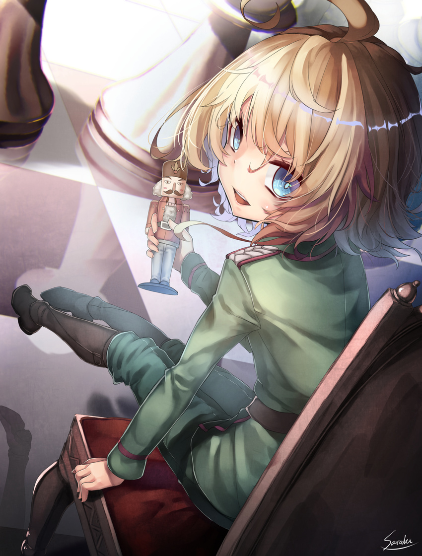 ahoge artist_name bangs blonde_hair blue_eyes boots chair chess_piece commentary_request dutch_angle from_behind highres holding knee_boots legs_together long_sleeves looking_at_viewer looking_back military military_uniform nutcracker open_mouth pawn reflection saraki signature sitting smile solo tanya_degurechaff teeth uniform youjo_senki