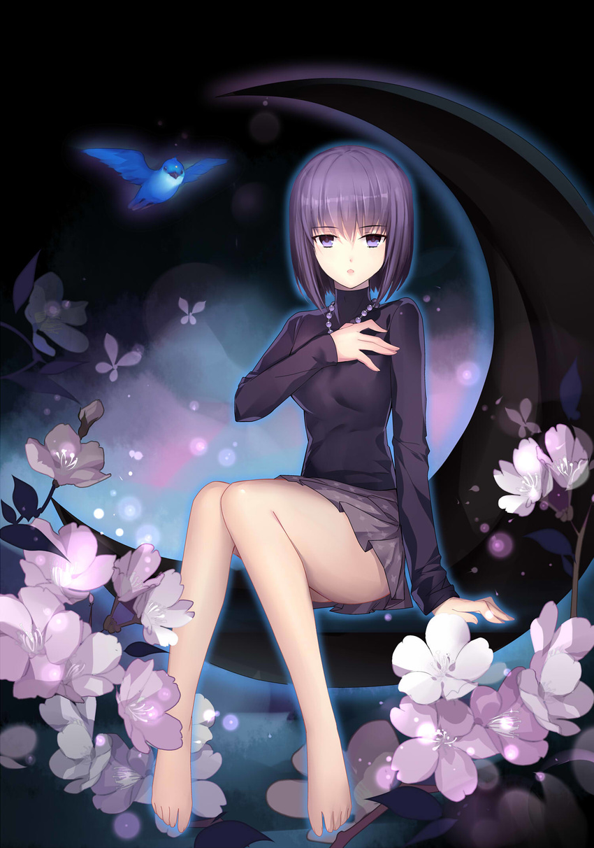 arm_support bangs barefoot bead_necklace beads bird black_shirt black_skirt breasts commentary_request crescent flower full_body gekka_nanako hand_on_own_chest highres jewelry kuonji_alice long_sleeves looking_at_viewer mahou_tsukai_no_yoru medium_breasts necklace parted_lips print_skirt purple_eyes purple_hair shirt short_hair sitting skirt solo turtleneck
