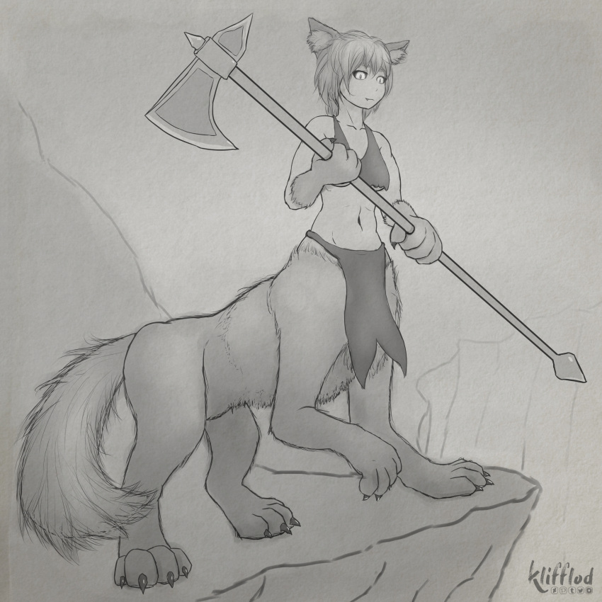 2019 breasts canine canine_taur clothing digital_media_(artwork) female fur hair hi_res holding_object holding_weapon klifflod looking_at_viewer mammal melee_weapon monochrome monster_girl_(genre) navel short_hair signature smile solo standing taur teeth weapon wolf wolf_taur