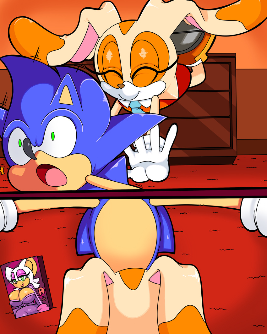 absurd_res clothed clothing cloudz comic cream_the_rabbit dreamcastzx1 duo_focus female fur group hi_res male rouge_the_bat smile sonic_(series) sonic_the_hedgehog text video_games
