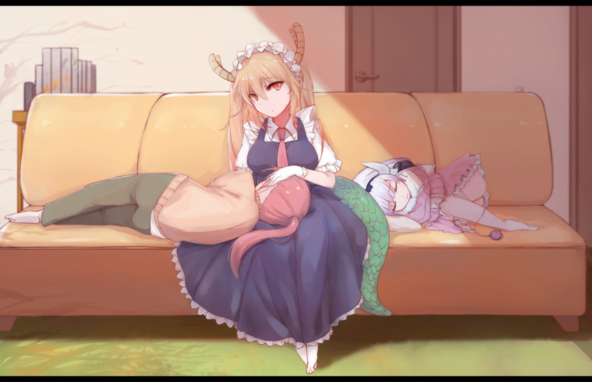 ass bangs beads black_hairband blonde_hair blunt_bangs breasts capelet child commentary couch dragon_girl dragon_horns dragon_tail dress facing_away gloves hair_beads hair_ornament hairband highres horns indoors kanna_kamui kobayashi-san_chi_no_maidragon kobayashi_(maidragon) lap_pillow large_breasts letterboxed long_hair looking_at_viewer lying maid maid_headdress medium_hair multiple_girls necktie no_shoes on_couch on_side panties pantyshot ponytail red_eyes red_hair red_neckwear room short_sleeves silver_hair sitting sleeping tail tooru_(maidragon) trio twintails underwear white_gloves white_legwear white_panties yukineko