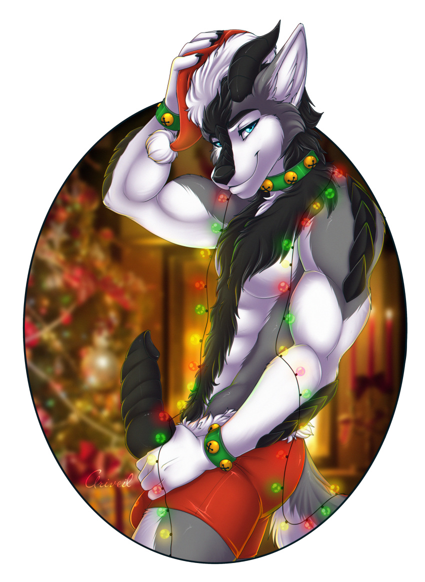 alpha_channel anthro ariveil canine christmas_lights clothed clothing erection horn knot looking_at_viewer male mammal muscular muscular_male smile solo standing topless