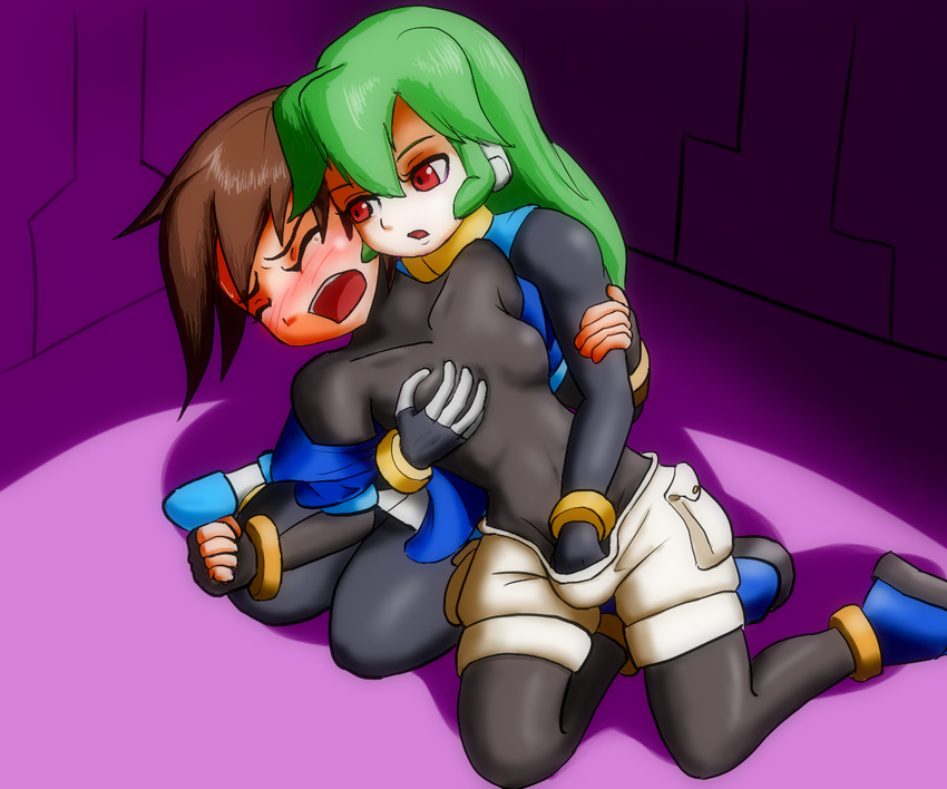 2girls aile artist_request blush bodysuit breast_grab breasts capcom dress eyes_closed fingerless_gloves gloves green_hair jacket long_hair multiple_girls open_mouth pandora_(rockman) red_eyes rockman rockman_zx screaming short_hair shorts sleeveless sleeveless_dress tears very_long_hair yuri