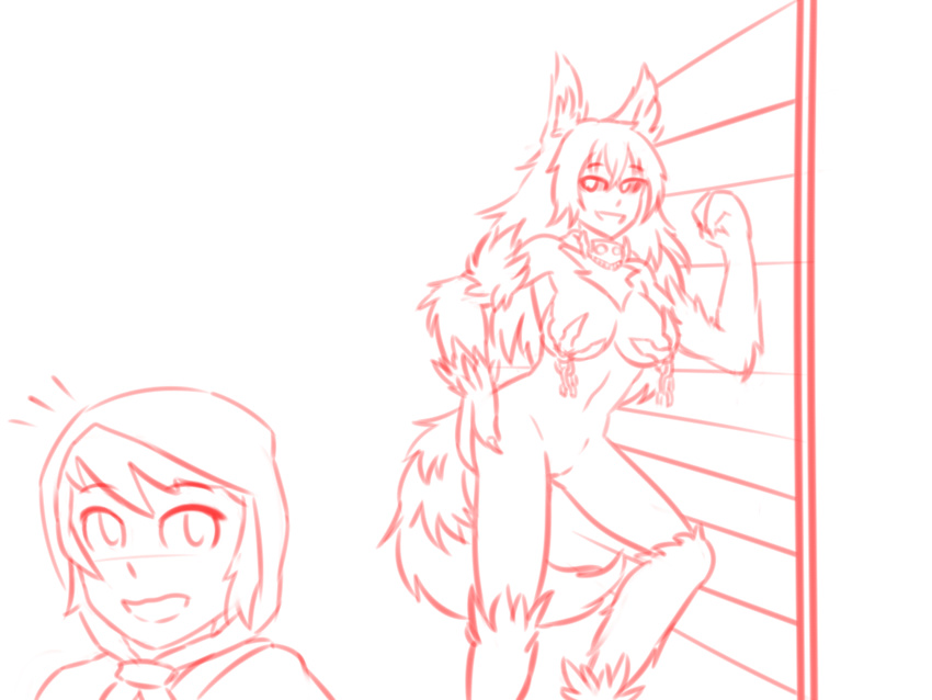 ambiguous_gender anthro breasts canine chain collar duo female fur hair hand_on_hip hellhound hood long_hair mammal monster_girl monster_girl_(genre) monster_girl_encyclopedia nude open_mouth simple_background sketch smile standing tassels thundragon white_background