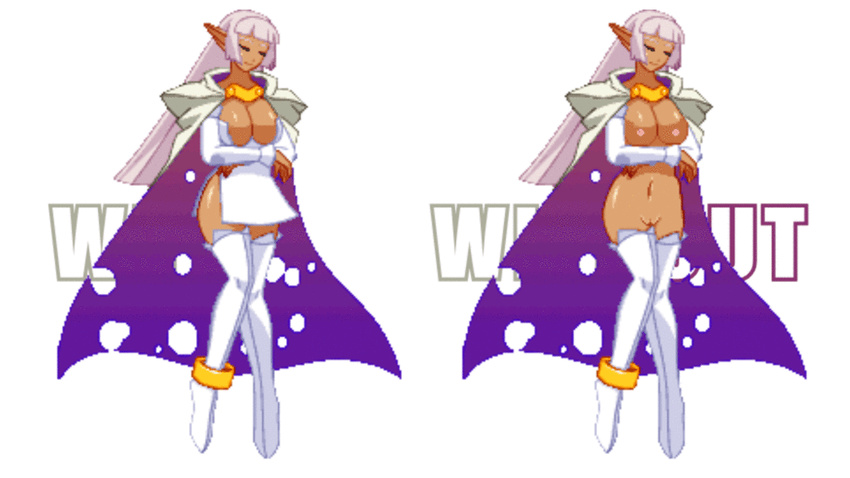 animated_gif ankle_cuff anklet arcana_heart arm_sleeve bare belly big_breasts boots bracelet breasts cape cleavage clothed dark_skin dress eyes_closed female jewelry large_breasts legwear long_hair navel nipples no_panties open_mouth pannonique parace_l'sia pixel_art pointy_ears purple_cape pussy revealing_clothe smile thighhighs white_boots white_dress white_hair white_legwear with_without