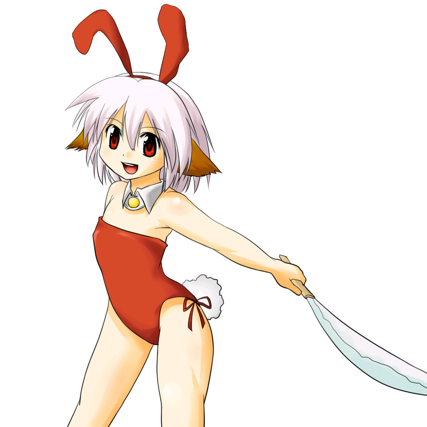 animal_ears bow brooch bunny_ears bunny_must_die bunny_tail bunny_the_honeywhite bunnysuit extra_ears flat_chest highres holding holding_weapon jewelry open_mouth red_bow red_eyes short_hair silver_hair simple_background solo tail vallerg weapon white_background