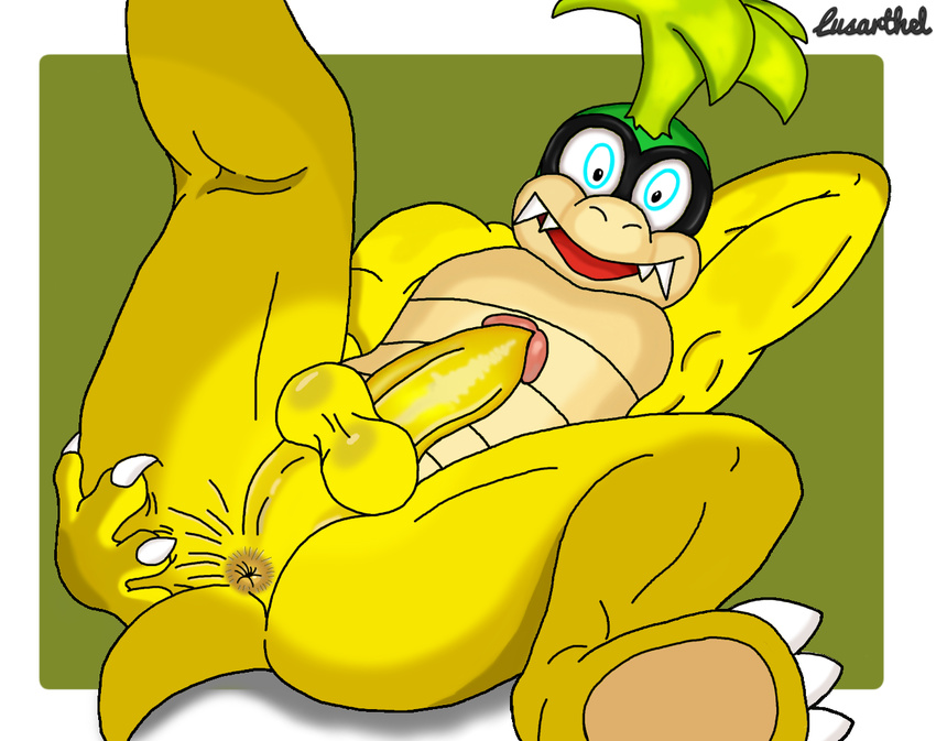 2017 animal_genitalia anthro anus balls barefoot butt digital_media_(artwork) erection eyewear front_view gaping gaping_anus glasses hair holding_butt humanoid_penis iggy_koopa koopa koopaling legs_up looking_at_viewer lusarthel lying male mario_bros nintendo nude on_back open_mouth penis perineum presenting presenting_anus presenting_hindquarters raised_leg scalie sharp_teeth shell-less signature simple_background smile solo spread_anus spread_legs spreading teeth tongue video_games young