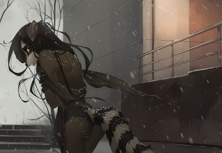 anthro black_hair butt clothed clothing cold digitigrade ears_back female footprints hair long_hair looking_at_viewer looking_back low-angle_view mammal orphen-sirius outside raccoon rascal_(ladylae) rear_view scar skimpy snow snowing solo walking winter