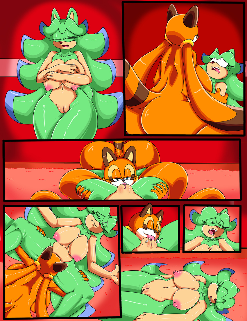 big_breasts breasts breezie_the_hedgehog comic cunnilingus dreamcastzx1 female female/female hedgehog huge_breasts mammal marine_the_raccoon nude oral raccoon sex sonic_(series) vaginal