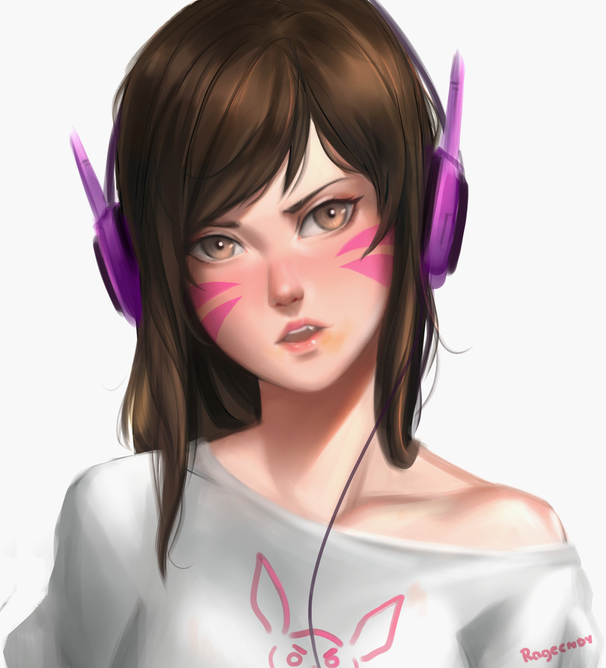 animal_print artist_name bangs blush brown_eyes brown_hair bunny_print cable casual collarbone commentary d.va_(overwatch) disgust facepaint facial_mark fang food food_on_face frown grey_shirt head_tilt headphones highres lipstick long_hair looking_at_viewer makeup nose off_shoulder open_mouth overwatch pink_lipstick portrait ragecndy shirt signature simple_background solo swept_bangs whisker_markings white_background