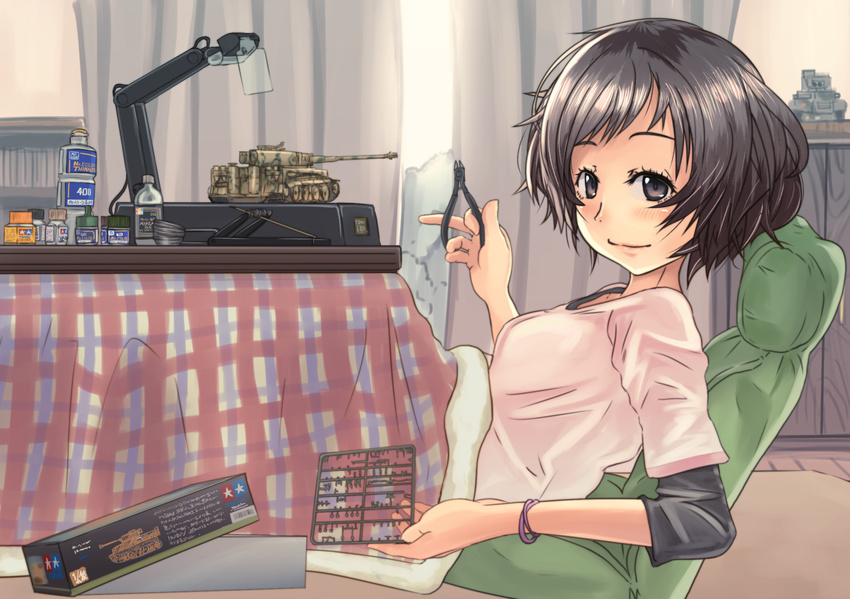 akiyama_yukari bad_id bad_pixiv_id black_eyes black_hair blanket bottle box brown_hair casual curtains girls_und_panzer ground_vehicle indoors kotatsu looking_at_viewer military military_vehicle model_kit model_tank motor_vehicle mutsuki_yamato paint pink_shirt plaid plamo pliers reclining shirt short_hair smile solo table tamiya_incorporated tank tiger_i under_kotatsu under_table wristband