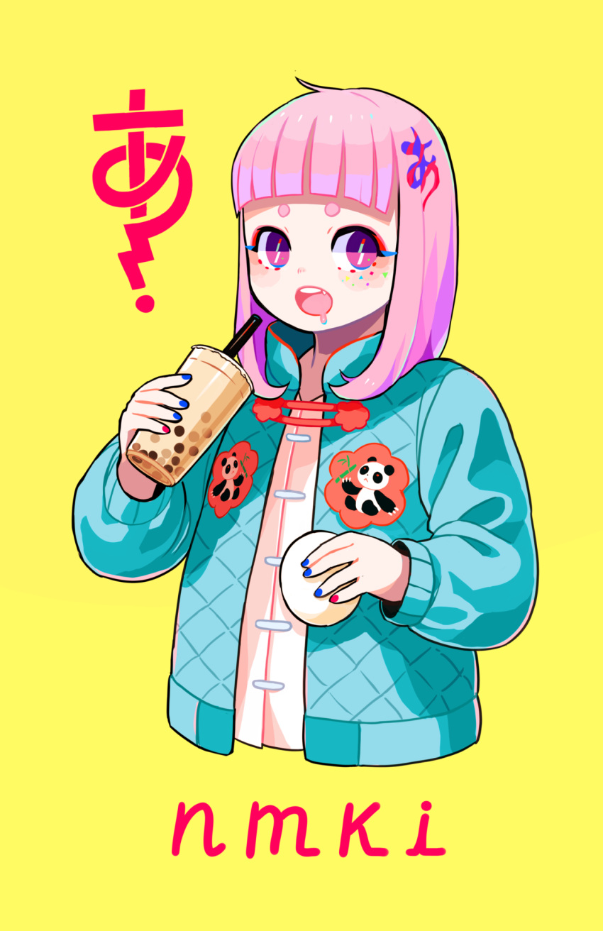 1girl aqua_jacket bangs blunt_bangs bubble_tea cropped_torso cup drink drinking_straw fang hakuro96 highres holding jacket long_sleeves medium_hair multicolored multicolored_eyes original panda pink_eyes pink_hair purple_eyes saliva simple_background solo translation_request upper_body yellow_background