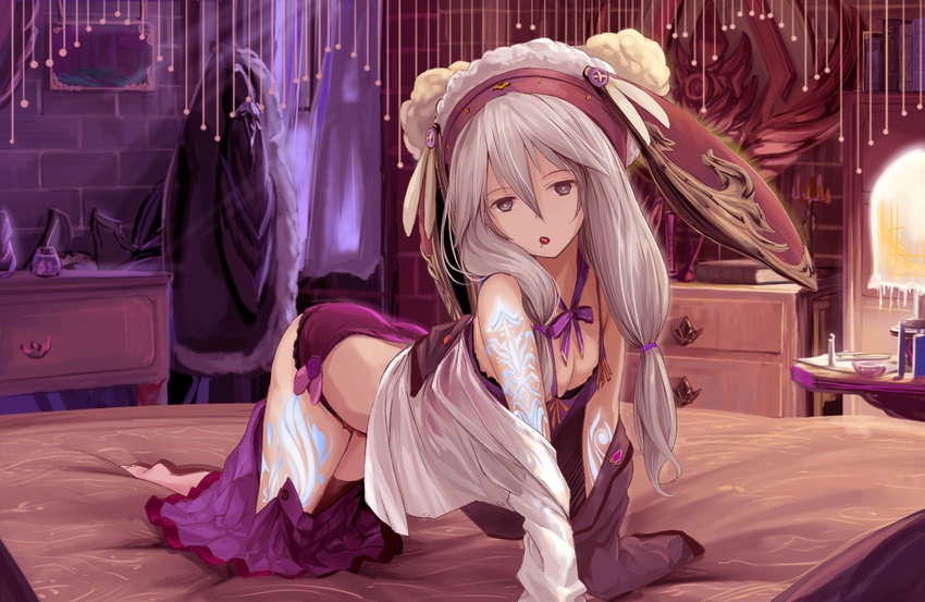 :o absurdres all_fours asymmetrical_clothes bangs bare_shoulders barefoot breasts camisole chain_chronicle hair_between_eyes hair_ribbon highres hood indoors kyaro_(kyaro54) long_hair looking_at_viewer off_shoulder panties purple_panties purple_skirt ribbon shirt sidelocks silver_eyes silver_hair skirt skirt_pull small_breasts solo tattoo underwear yuni_(chain_chronicle)