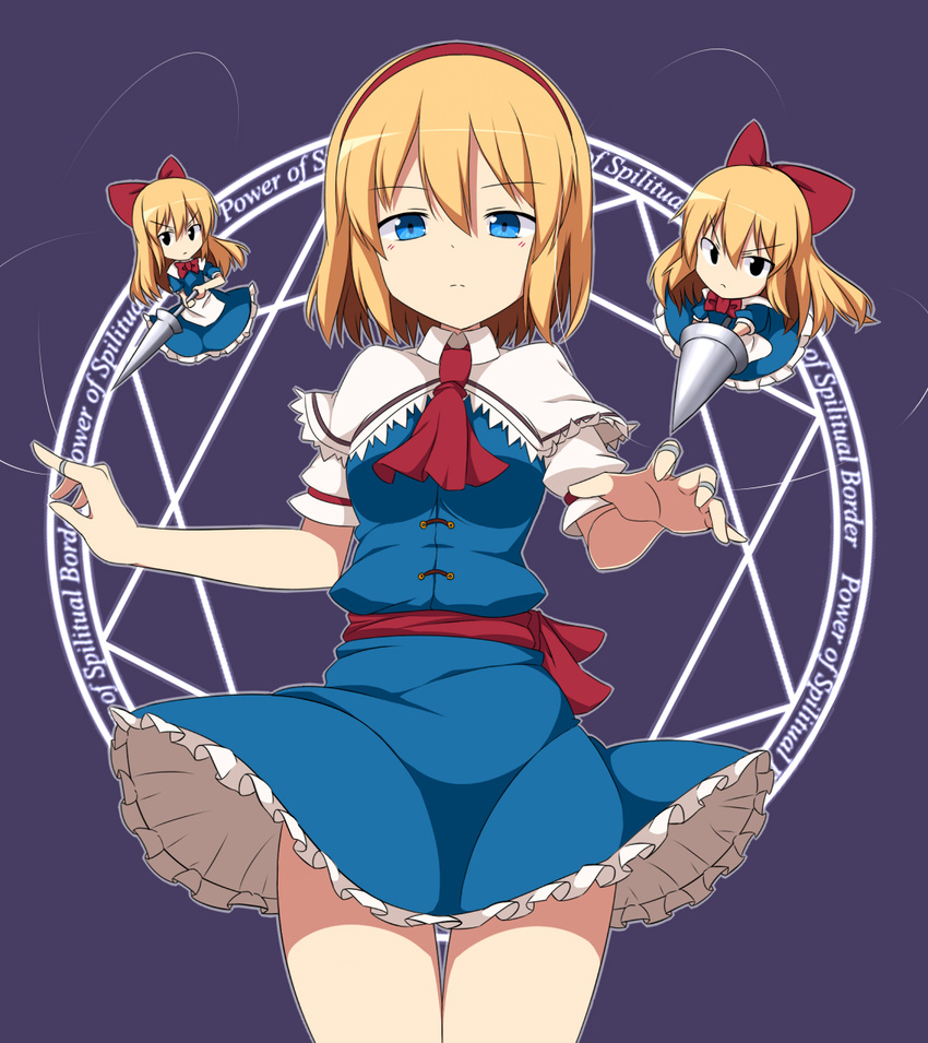 &gt;:( alice_margatroid apron ascot bangs black_eyes blonde_hair blue_dress blue_eyes bow breasts capelet closed_mouth cowboy_shot doll dress dress_lift engrish enushi_(toho193) eyebrows_visible_through_hair frilled_dress frills frown hair_between_eyes hair_bow hairband highres holding holding_weapon jewelry lance long_hair looking_at_viewer magic_circle medium_breasts polearm puppet_rings puppet_strings purple_background ranguage red_bow red_hairband red_neckwear ring sash shanghai_doll short_hair short_sleeves sidelocks simple_background string thigh_gap thighs touhou v-shaped_eyebrows waist_apron weapon white_apron wind wind_lift