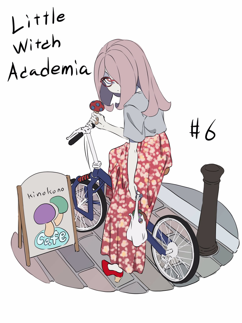 alternate_costume bag bespectacled bicycle casual cruiser_bicycle glasses ground_vehicle hair_over_one_eye high_heels highres kengo little_witch_academia long_hair long_skirt looking_back mushroom pale_skin shopping_bag sign skirt solo sucy_manbavaran