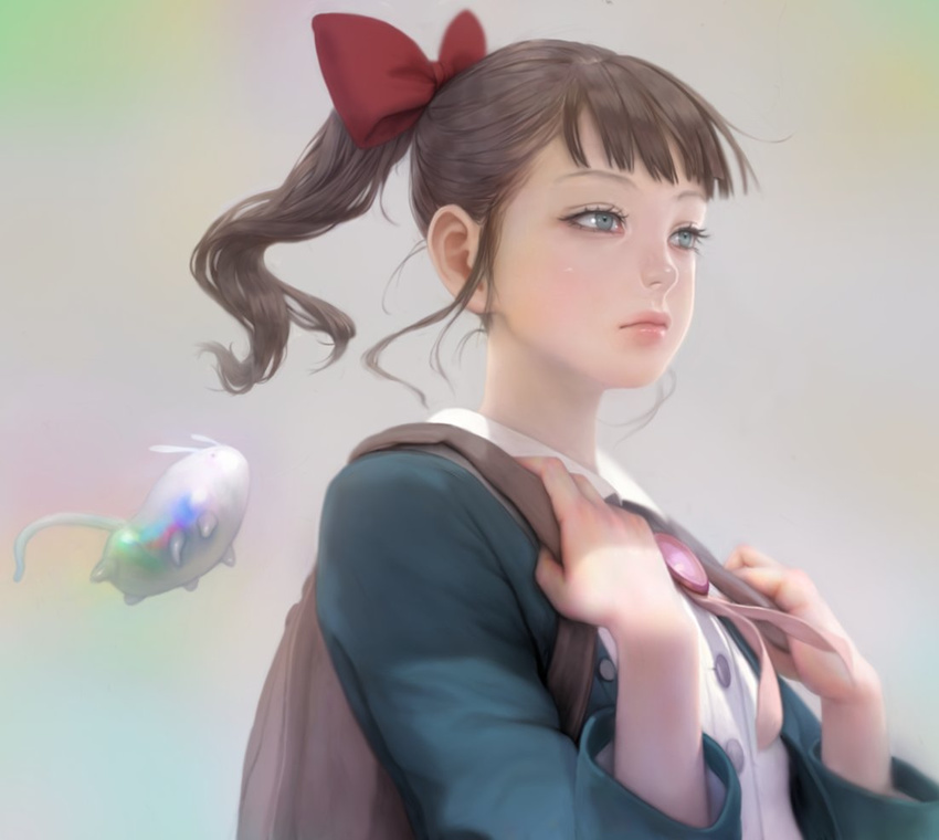 backpack bag bangs blue_eyes bow brown_hair closed_mouth commentary_request hair_bow hands_up light_frown lips looking_ahead mujiha nose original ponytail red_bow short_hair solo upper_body