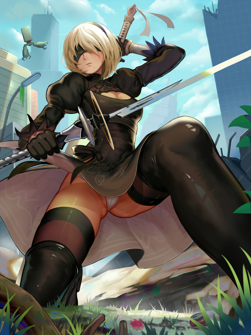 absurdres black_dress black_legwear blindfold blonde_hair breasts cleavage cleavage_cutout commentary_request day dress dual_wielding hairband highres holding holding_sword holding_weapon juliet_sleeves katana kneeling large_breasts leotard leotard_under_clothes long_sleeves nier_(series) nier_automata pod_(nier_automata) puffy_sleeves short_hair sonikey0_0 sword thighhighs weapon white_leotard yorha_no._2_type_b