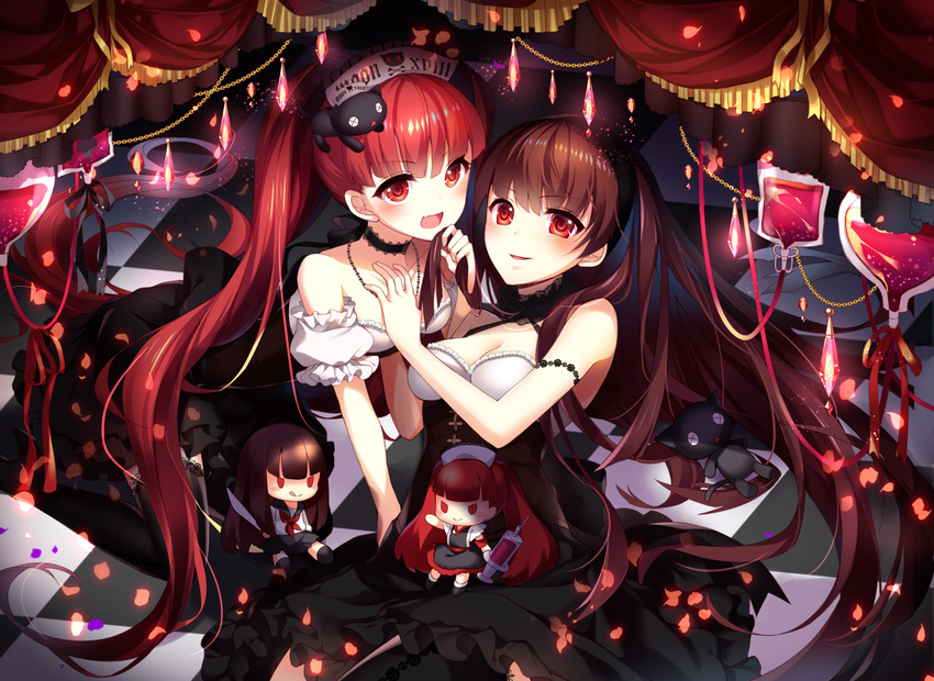 :d bad_id bad_pixiv_id bangs bare_shoulders black_dress blood blood_bag breasts brown_hair character_doll checkered checkered_floor choker cleavage commentary_request curtains detached_sleeves dress fang hairband homaderi jewelry konoha_(sound_voltex) kureha_(sound_voltex) long_hair medium_breasts multiple_girls necklace open_mouth parted_lips puffy_short_sleeves puffy_sleeves red_eyes red_hair short_sleeves small_breasts smile sound_voltex twintails very_long_hair