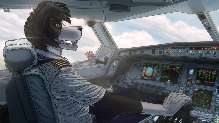 2017 aircraft airplane anthro aviation biped black_fur black_nose border_collie brown_eyes canine captain chair clothed clothing cloud cockpit collie day detailed_background digital_media_(artwork) dog eyebrows fighterjet flying fur hair male mammal multicolored_fur necktie open_mouth pants pilot seat shirt sitting sky smile solo teeth tongue two_tone_fur uniform vehicle white_fur window windows_(disambiguation)