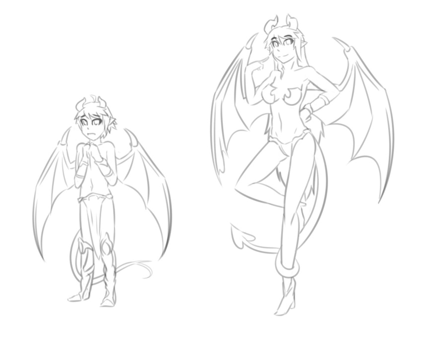 armpits breasts clothed clothing demon demon_wings duo female footwear hair hand_on_hip horn humanoid incubus line_art long_hair looking_at_viewer male navel open_mouth partially_clothed pointing pointy_ears short_hair sibling simple_background sketch skimpy skinny slim smile spade_tail standing succubus thundragon white_background wings young