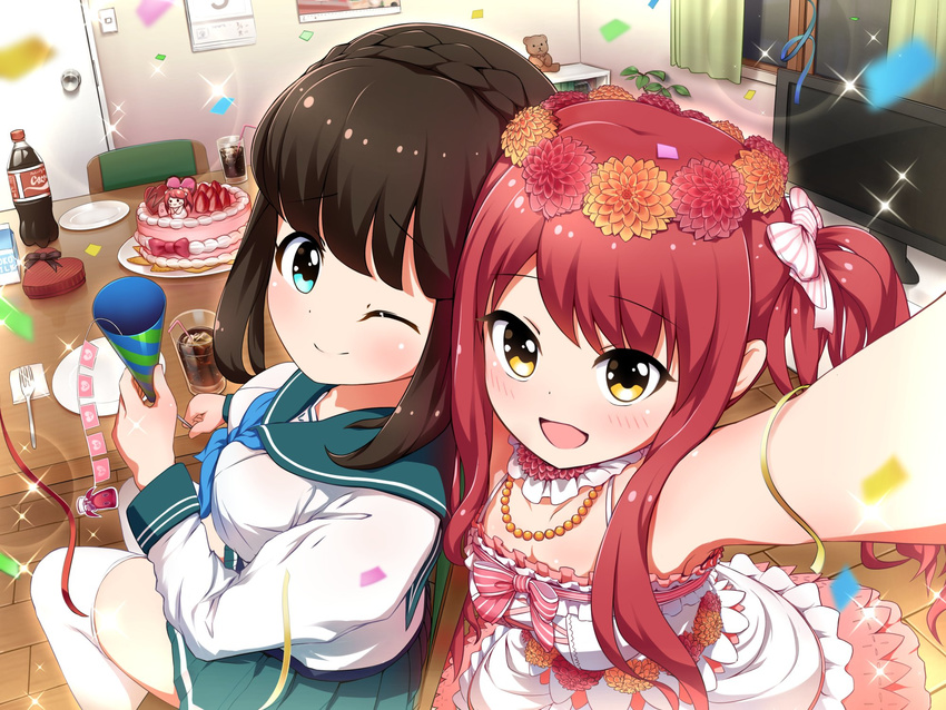 :d ;) asahina_kokomi battle_girl_high_school black_hair cake coca-cola flower food hair_flower hair_ornament hasumi_urara highres looking_at_viewer multiple_girls one_eye_closed open_mouth party_popper red_eyes school_uniform smile tamanegi_(12030028) yellow_eyes