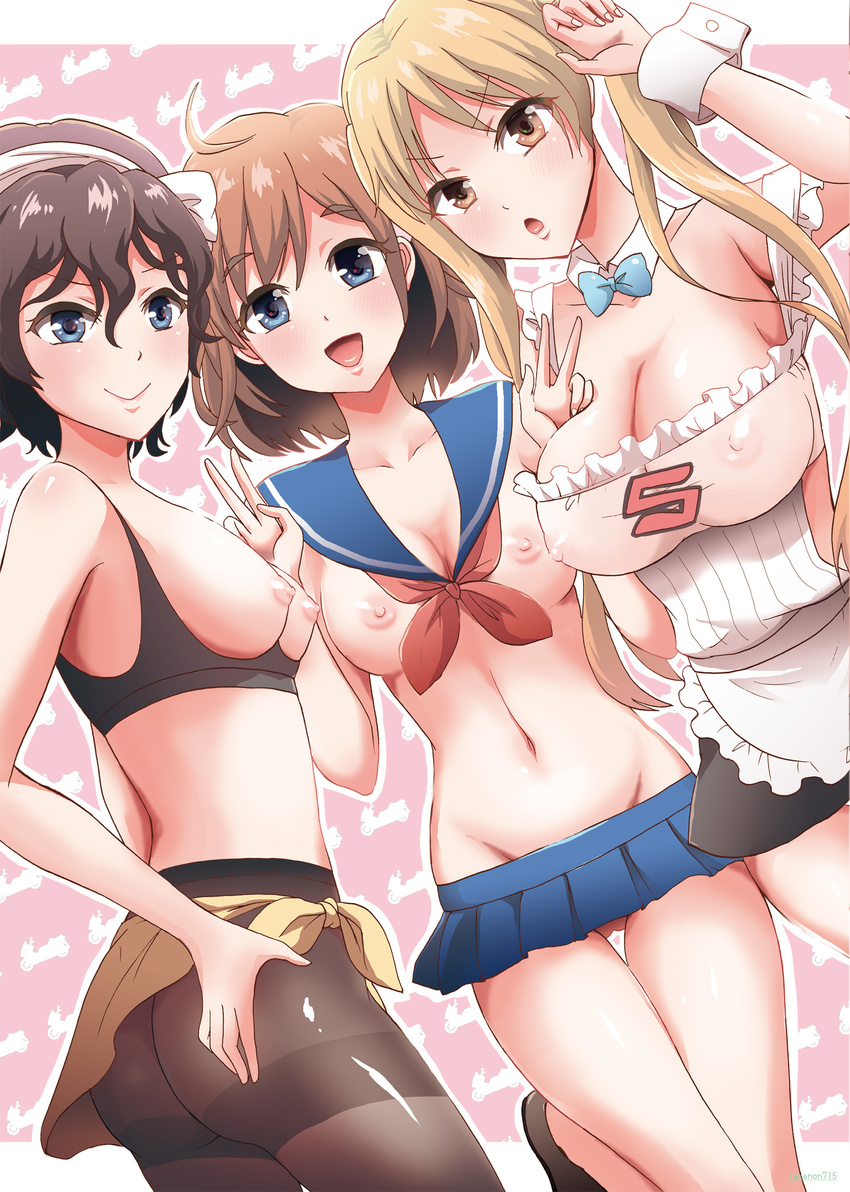 &gt;:) :d :o amano_onsa apron ass ass_visible_through_thighs bakuon!! black_hair black_legwear blonde_hair blue_eyes blue_skirt bra breasts brown_eyes brown_hair covered_nipples cupless_bra detached_collar double_v hairband highres large_breasts long_hair looking_at_viewer medium_breasts microskirt multiple_girls nipples no_bra no_panties open_mouth pantyhose pleated_skirt sailor_collar sakura_hane see-through short_hair skirt smile standing standing_on_one_leg suzuki suzunoki_rin takayamanon thigh_gap thighband_pantyhose twintails twisted_torso underwear v v-shaped_eyebrows waist_apron wrist_cuffs