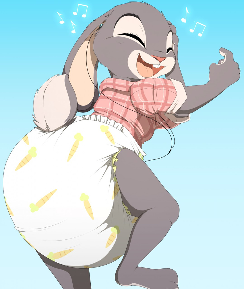 anthro big_ears dancing diaper disney eyes_closed female fur grey_fur happy headphones judy_hopps kurikia lagomorph mammal music musical_note open_mouth paws rabbit solo teeth tongue zootopia