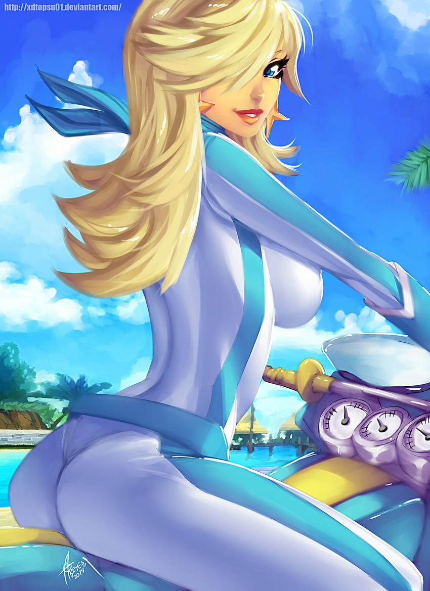 absurdres arched_back ass back blonde_hair blue_eyes blue_sky bodysuit breasts carlos_javier cloud cloudy_sky dated day deviantart_username driving earrings from_side gloves ground_vehicle hair_over_one_eye highres jewelry large_breasts lips long_hair looking_at_viewer mario_(series) mario_kart motor_vehicle motorcycle outdoors palm_tree parted_lips racing_suit rosetta_(mario) signature skin_tight sky smile solo star super_mario_bros. super_mario_galaxy tree water watermark web_address