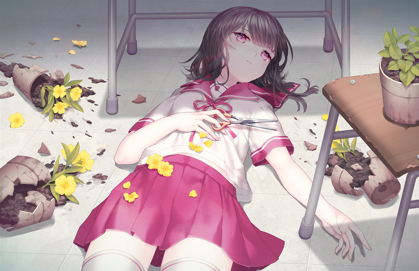 bangs black_hair broken closed_mouth expressionless eyebrows_visible_through_hair flower hand_on_own_stomach holding holding_scissors lying on_back original petals pink_eyes pink_skirt plant pleated_skirt potted_plant saban school_uniform scissors serafuku skirt solo thighhighs tile_floor tiles white_legwear yellow_flower