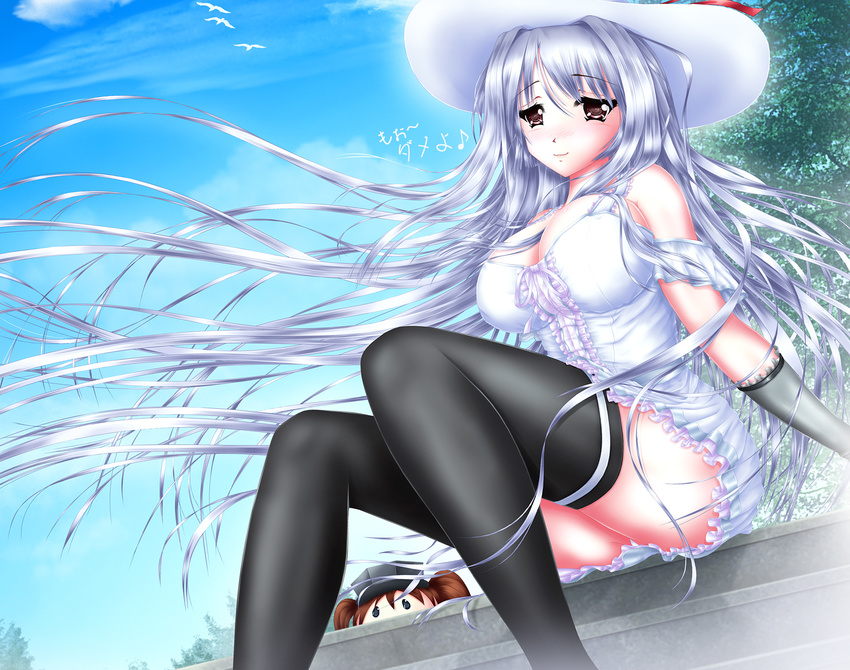 alternate_costume ass_visible_through_thighs black_legwear blue_sky breasts brown_hair cleavage day dress eighth_note eyebrows_visible_through_hair gloves hat highres kantai_collection large_breasts long_hair looking_at_viewer multiple_girls musical_note nohoho_(kakikonchi) outdoors peeking_out ryuujou_(kantai_collection) shoukaku_(kantai_collection) silver_hair sitting sky thighhighs thighs very_long_hair white_dress