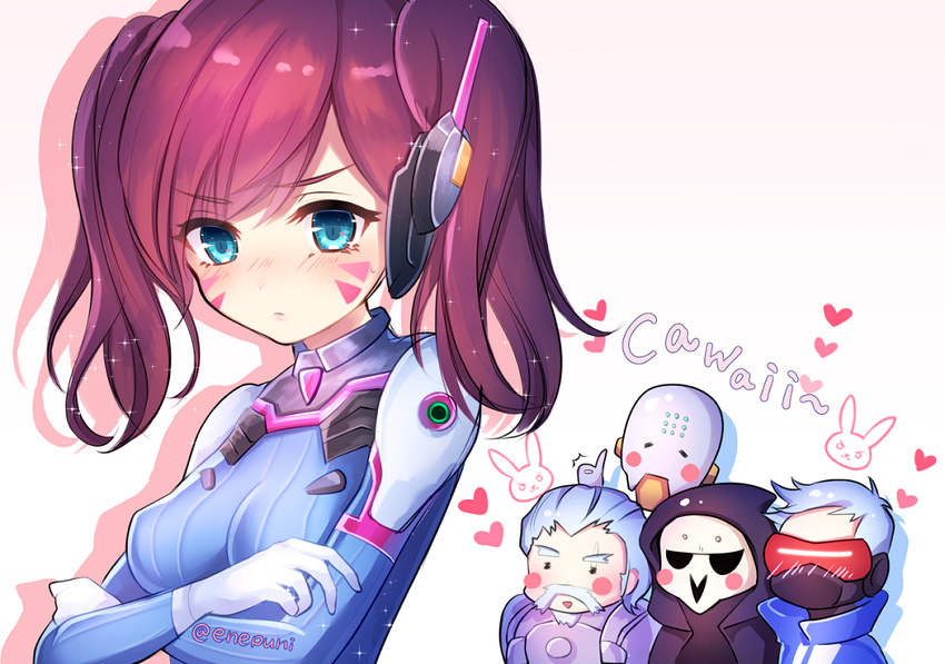 4boys :3 alternate_eye_color alternate_hairstyle armor beard black_coat blue_eyes blush blush_stickers bodysuit bracer breasts brown_hair closed_mouth commentary covered_mouth crossed_arms d.va_(overwatch) enepuni eyebrows_visible_through_hair face_mask facepaint facial_hair facial_mark headphones heart high_collar hood hood_up hooded_coat hooded_jacket humanoid_robot jacket mask medium_breasts multiple_boys mustache old_man omnic overwatch pauldrons pilot_suit reaper_(overwatch) reinhardt_(overwatch) ribbed_bodysuit robot shadow short_hair shoulder_pads simple_background skin_tight skull_mask smile soldier:_76_(overwatch) sweatdrop twintails twitter_username upper_body v-shaped_eyebrows visor whisker_markings white_background white_hair zenyatta_(overwatch)